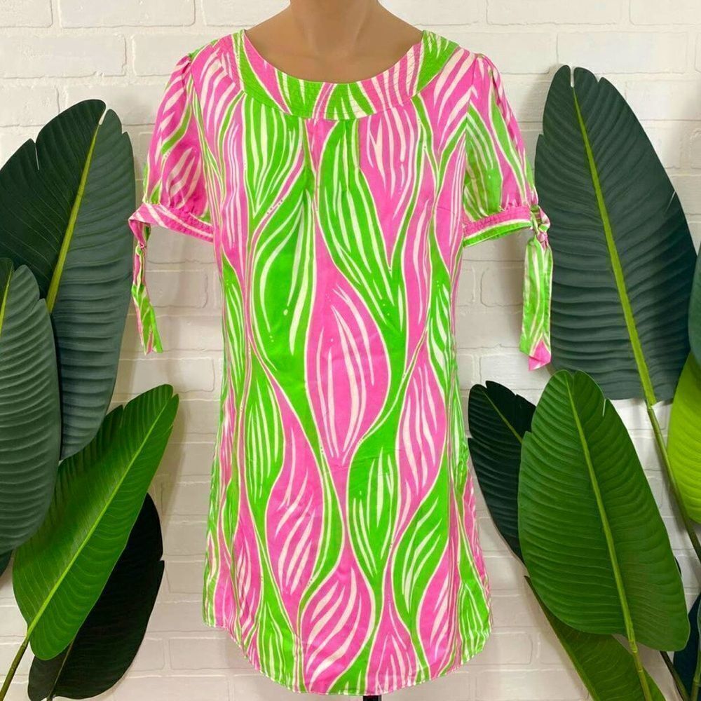 Lilly Pulitzer silk Pink and Green print Dress! Mini Shift Dress w/Tie Sleeves